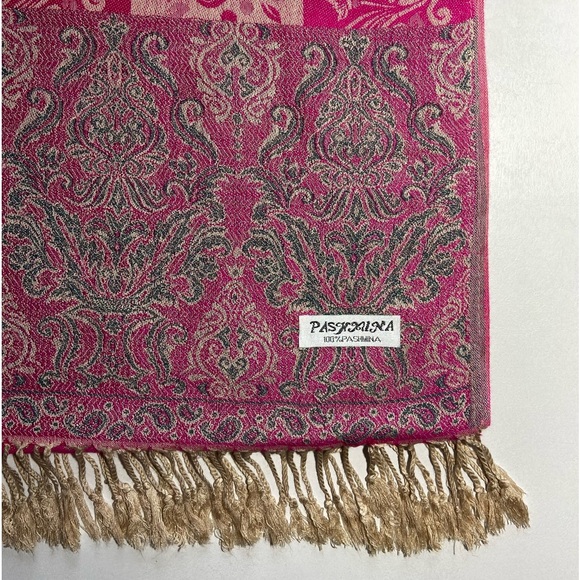 Pashmina Cashmere Scarf Wrap Rich Pink, Cream, Sage w/ Tassels Excellent Vintage - Picture 5 of 14